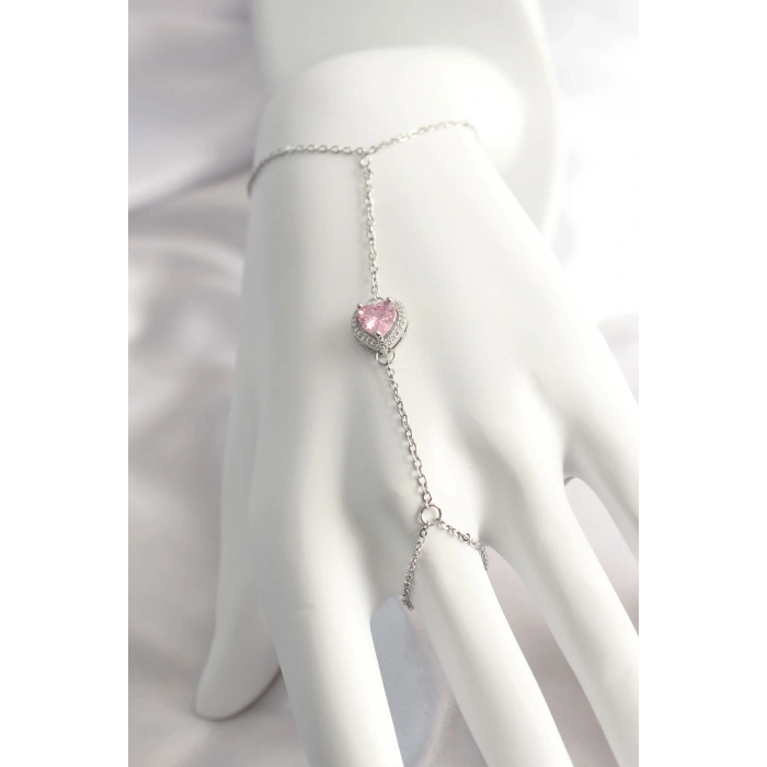 316L Çelik Gümüş Renk Pembe Zirkon Taşlı Kalp Şahmeran