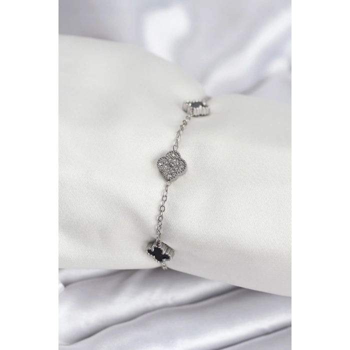 316L Çelik Gümüş Renk Siyah ve Zirkon Taşlı Baby Boy Yonca Kadın Bileklik