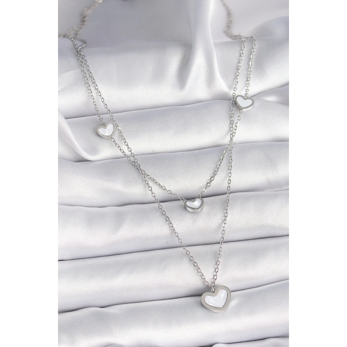 316L Çelik Gümüş Renk Zincir 2Li Zincir Kalp Model Kadın Kolye