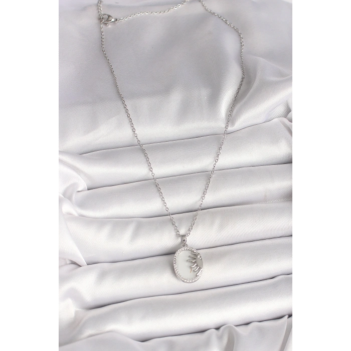 316L Çelik Gümüş Renk Zincir Beyaz Mineli Gün Batımı Model Zirkon Taş Detaylı Kadın Kolye