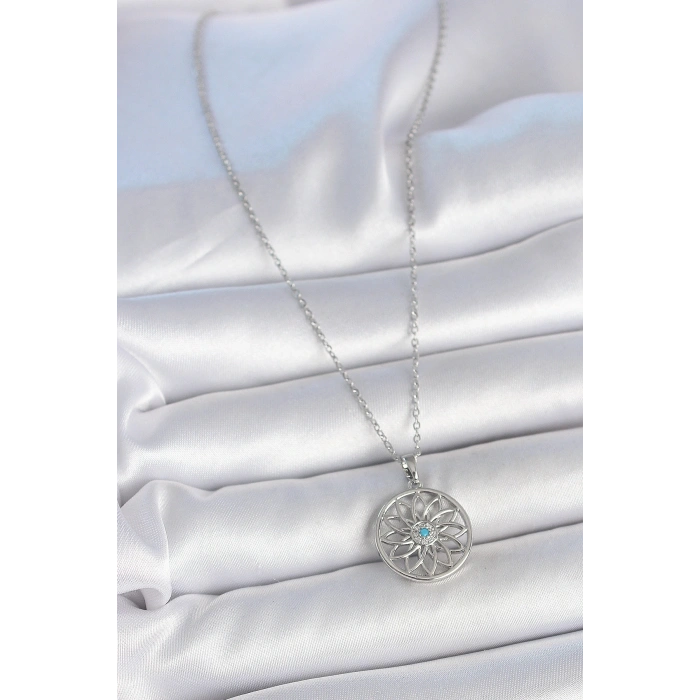 316L Çelik Gümüş Renk Zincir Mavi Taşlı Lotus Model Kadın Kolye