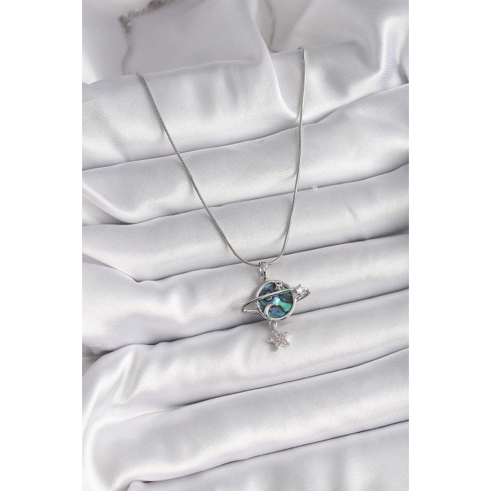 316L Çelik Gümüş Renk Zincir Zirkon Taşlı Gezegen Model Kadın Kolye