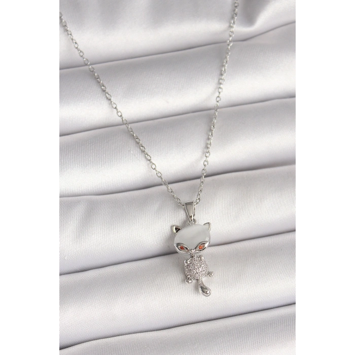 316L Çelik Gümüş Renk Zincir Zirkon Taşlı Kedi Model Kadın Kolye
