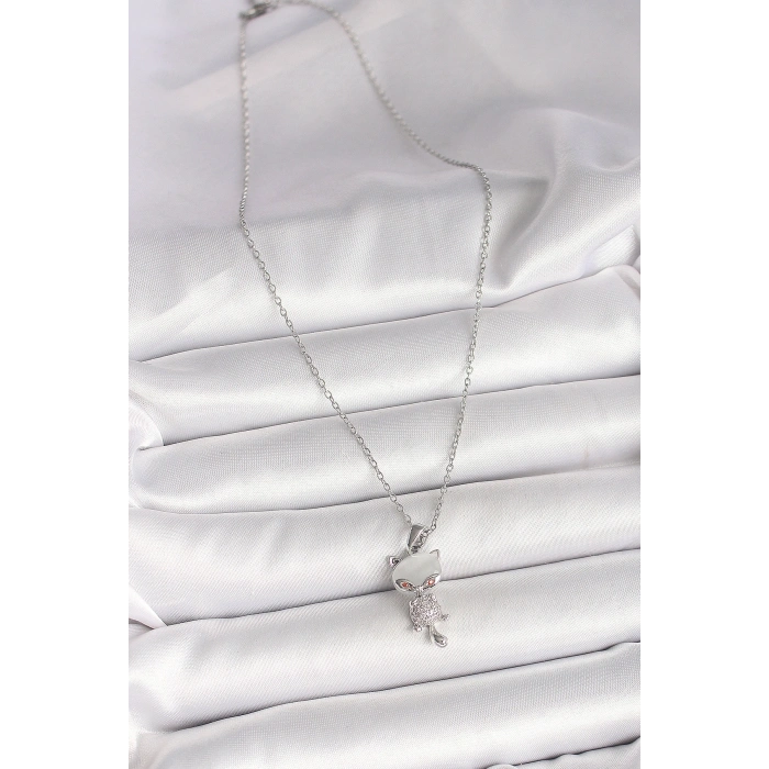 316L Çelik Gümüş Renk Zincir Zirkon Taşlı Kedi Model Kadın Kolye