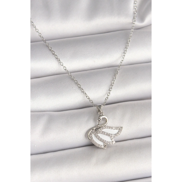 316L Çelik Gümüş Renk Zincir Zirkon Taşlı Kuğu Model Kadın Kolye