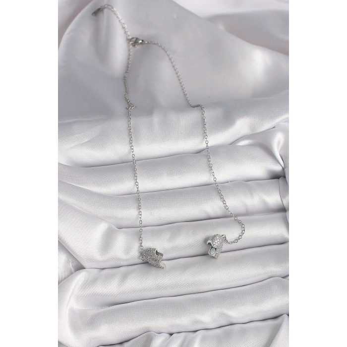 316L Çelik Gümüş Renk Zirkon Taşlı Mıknatıslı Kalp Model Kadın Kolye