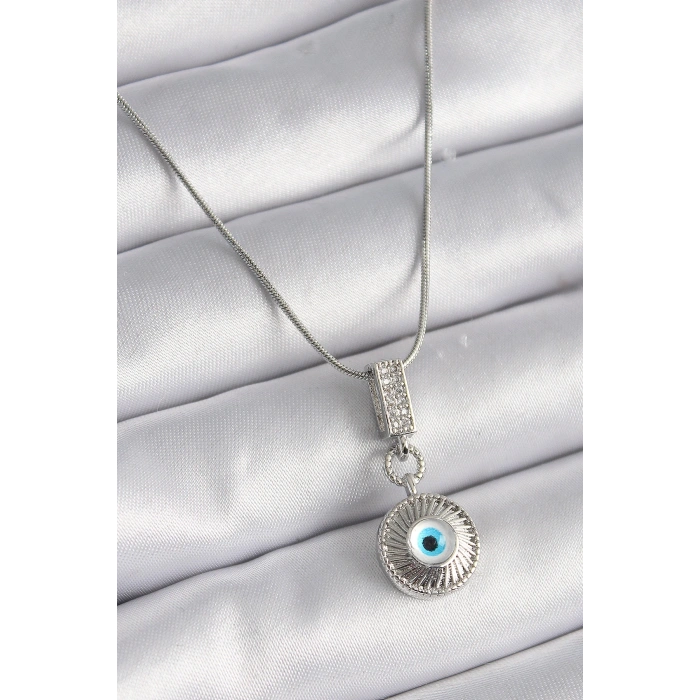 316L Çelik Gümüş Renk Zirkon Taşlı Nazar Boncuk Model Kadın Kolye