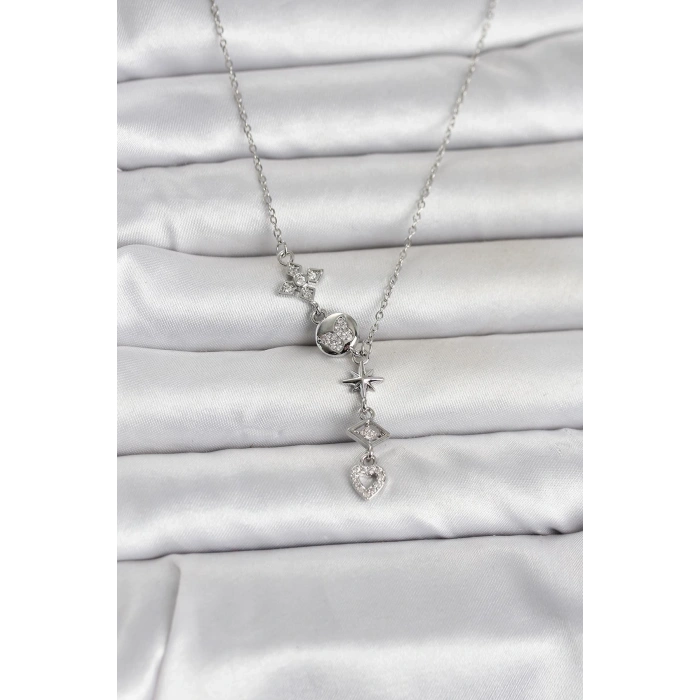 316L Çelik Gümüş Renk Zirkon Taşlı Y Kadın Kolye