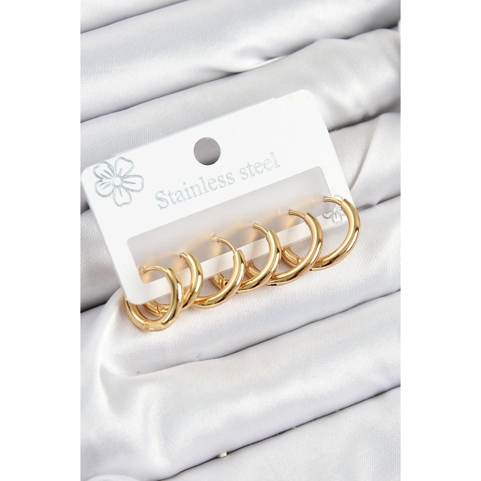 316L Çelik Halka Model Gold Renk 3lü Set Kadın Küpe