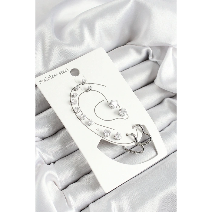 316L Çelik Kalp Figürlü Ve Zirkon Taşlı Gümüş Renk 7li Çift Kadın Küpe Set