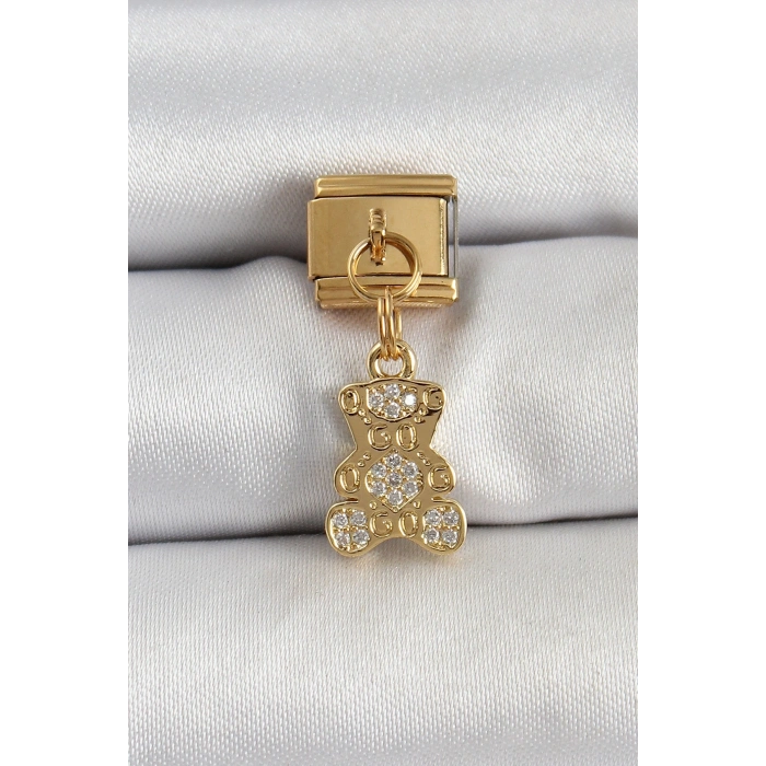 316L Çelik Sallantılı Zirkon Taşlı Ayıcık Model Gold Renk Nomination Charm