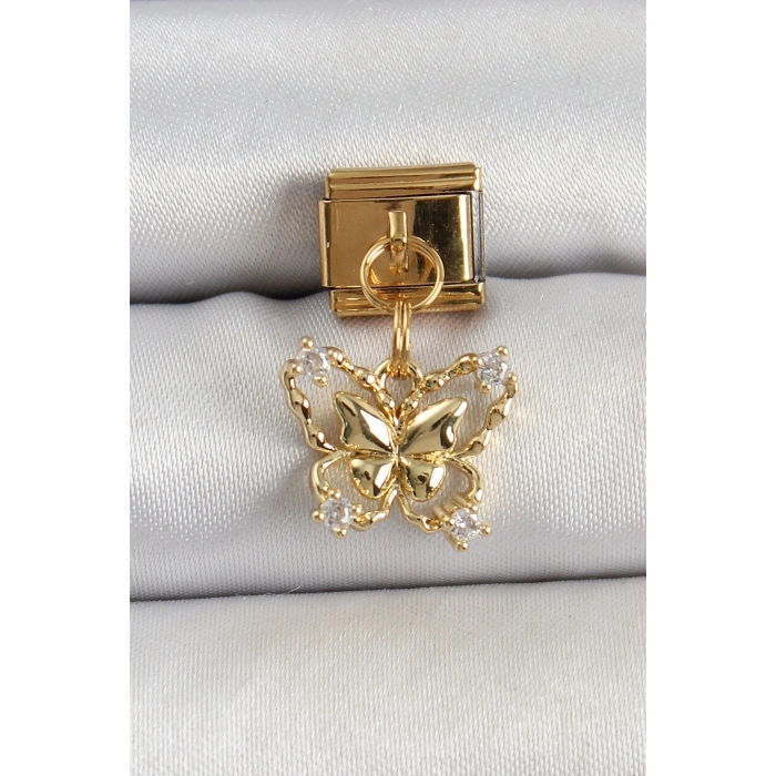 316L Çelik Sallantılı Zirkon Taşlı Kelebek Model Gold Renk Nomination Charm