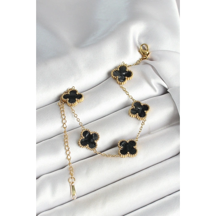 316L Çelik Sedefli Siyah Gold Renk Yonca Kadın Bileklik