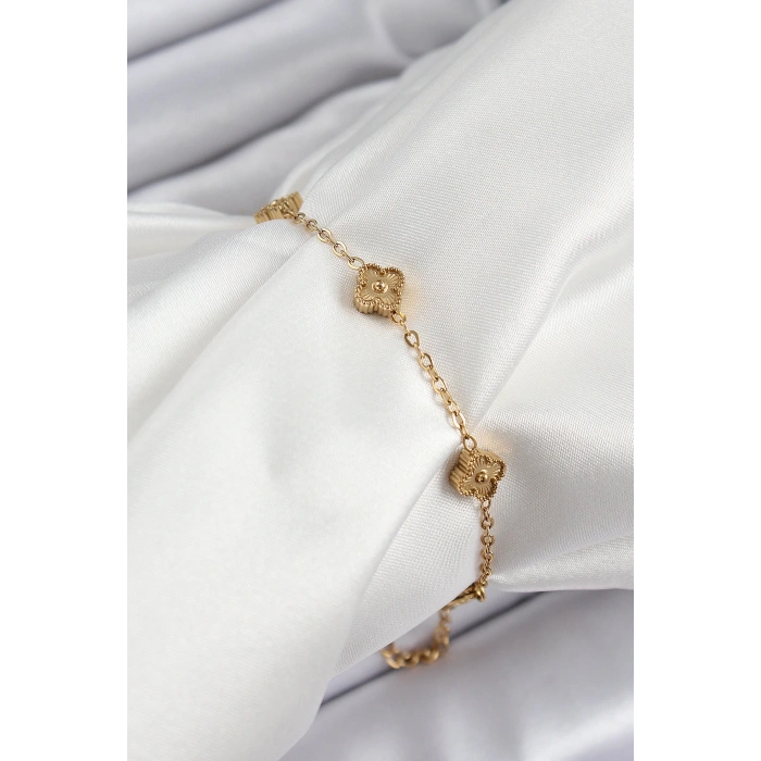 316L Çelik Yonca Model Gold Renk Kadın Bileklik