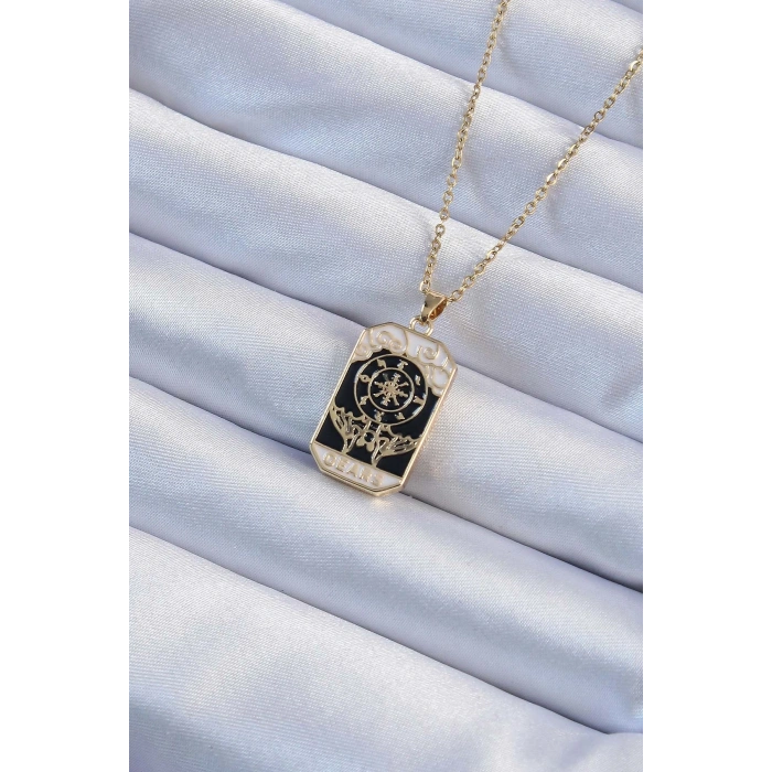316L Çelik Zincir Altın Renk İşlemeli Siyah Mineli Tarot Kolye