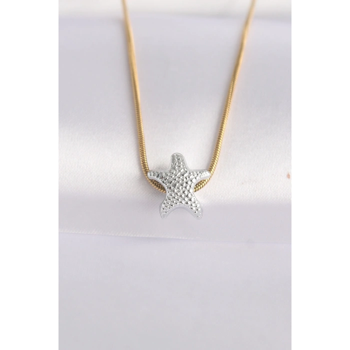 316L Çelik Zincir Altın Renk Zincirli Gümüş Renk Deniz Yıldızı Tasarımlı Kolye