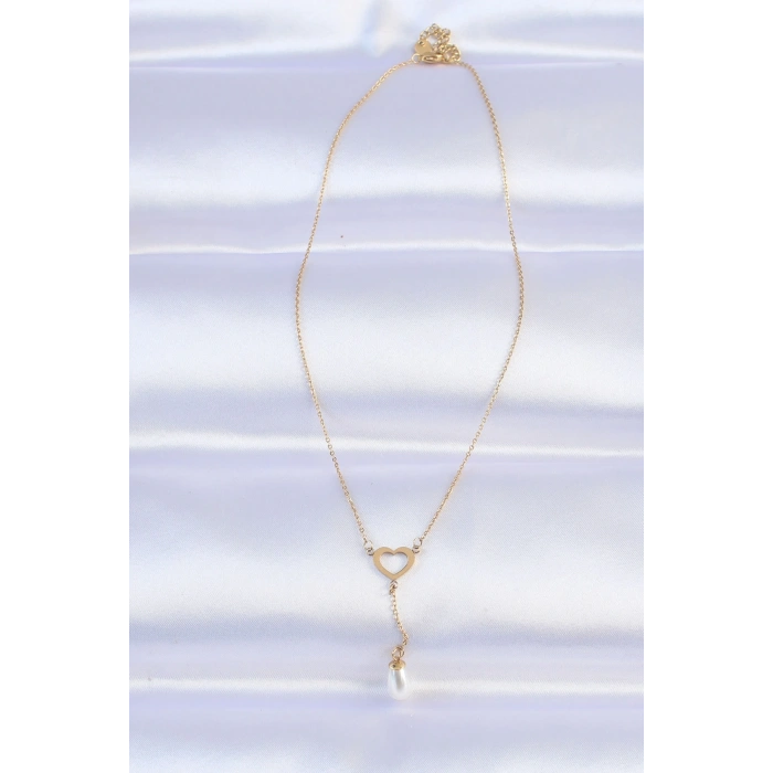 316L Çelik Zincir Gold Renk İnci Taş Detay Kalp Kolye