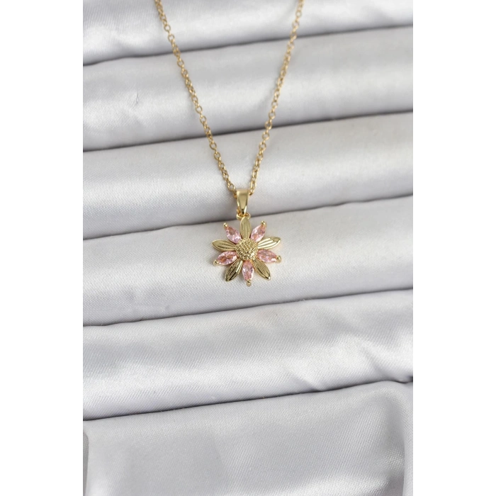 316L Çelik Zincir Gold Renk Pembe Papatya Model Kadın Kolye