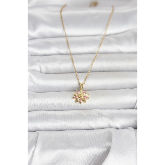 316L Çelik Zincir Gold Renk Pembe Papatya Model Kadın Kolye