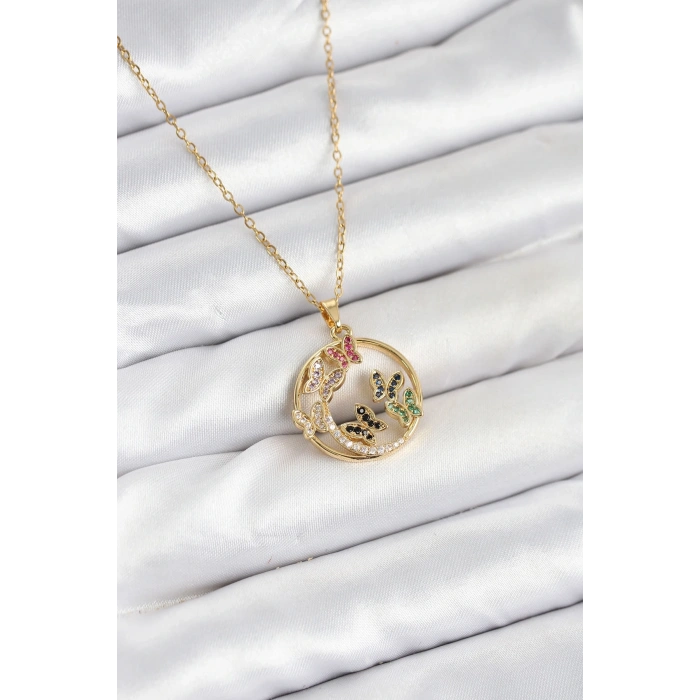 316L Çelik Zincir Gold Renk Zirkon Taşlı Kelebekli Kadın Kolye