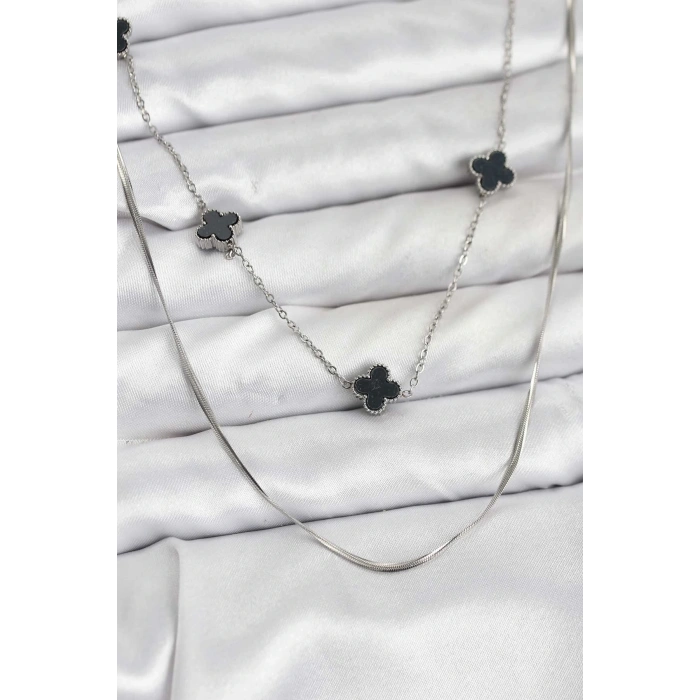 316L Çelik Zincir Gümüş Renk İtalyan Zincirli Siyah Yonca Model Kadın Kolye