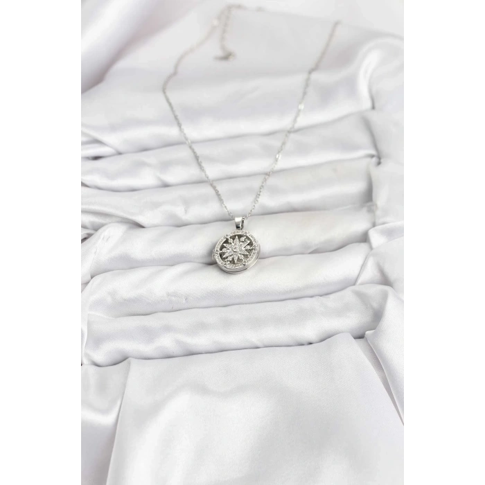 316L Çelik Zincir Gümüş Renk Kutup Yıldızı Kapaklı Model Kadın Kolye