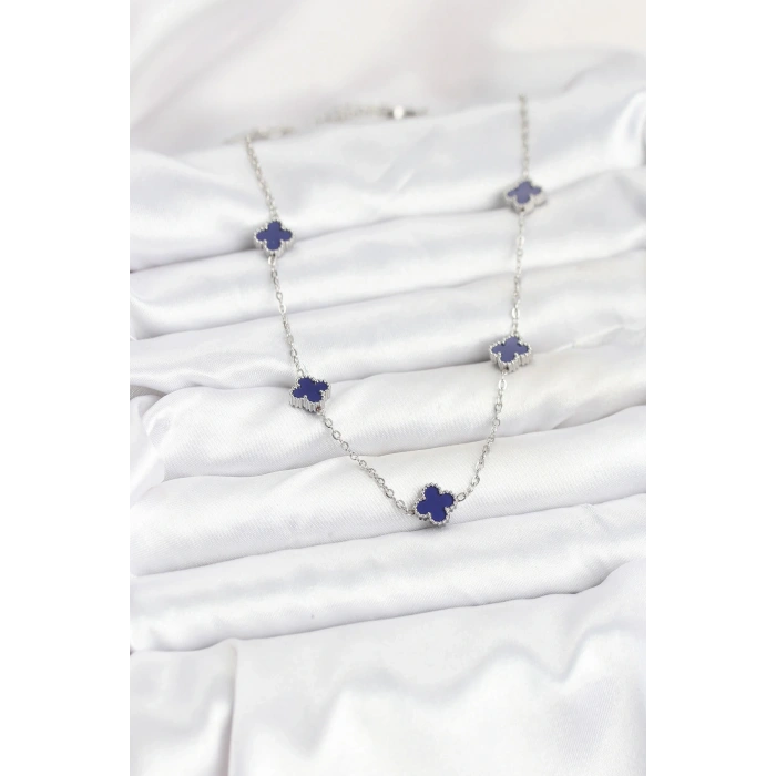 316L Çelik Zincir Gümüş Renk Lacivert Baby Boy Yonca Kadın Kolye