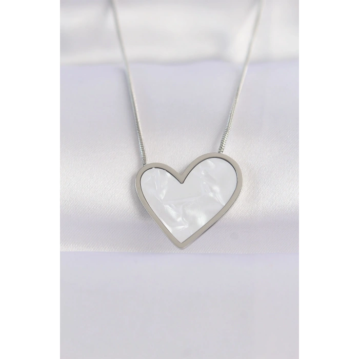 316L Çelik Zincir Gümüş Renk Mermer Desenli Kalp Kolye