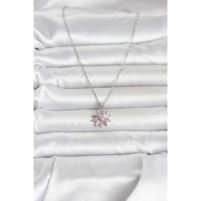 316L Çelik Zincir Gümüş Renk Pembe Papatya Model Kadın Kolye