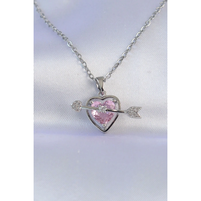 316L Çelik Zincir Gümüş Renk Pembe Zirkon Taşlı Eros Kolye
