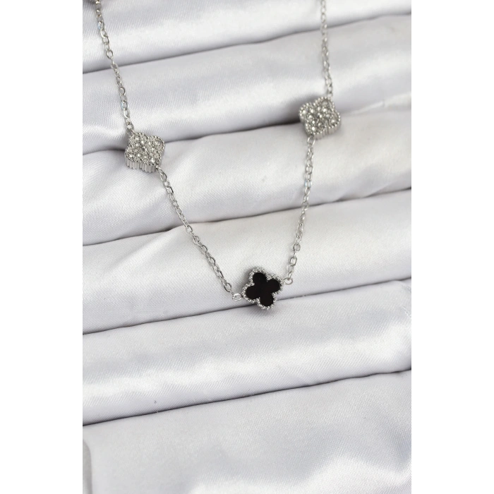 316L Çelik Zincir Gümüş Renk Siyah ve Zirkon Taşlı Baby Boy Yonca Kadın Kolye