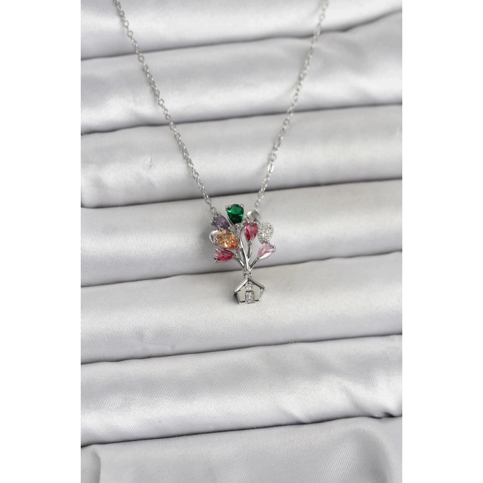 316L Çelik Zincir Gümüş Renk Uçan Balon Ev Figür Kadın Kolye