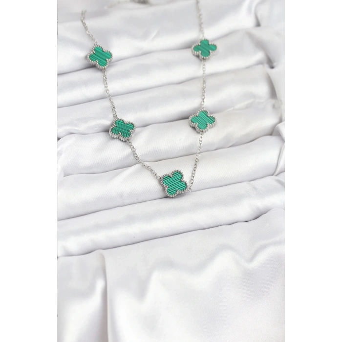 316L Çelik Zincir Gümüş Renk Yeşil Yonca Kadın Kolye