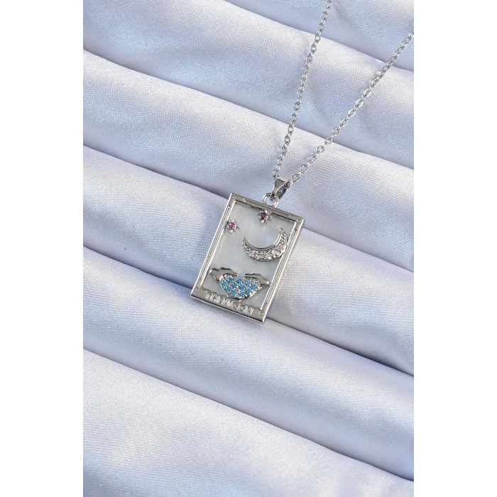 316L Çelik Zincir Gümüş Renk Zirkon Taşlı Ay Figürlü Tarot Kolye