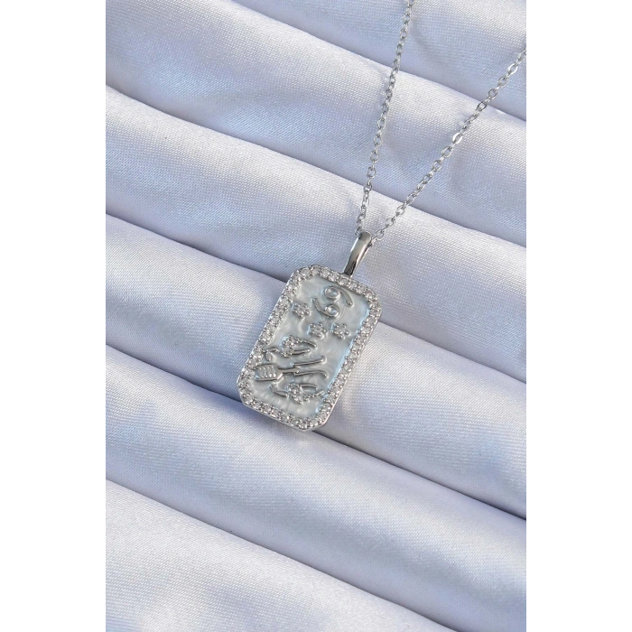 316L Çelik Zincir Gümüş Renk Zirkon Taşlı Çerçeveli Tarot Kolye