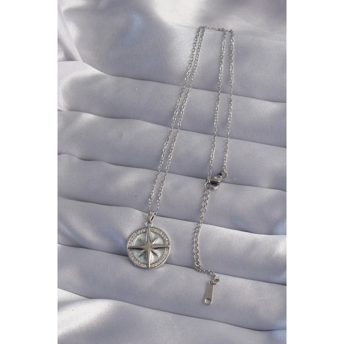 316L Çelik Zincir Gümüş Renk Zirkon Taşlı Kutup Yıldızı Kolye