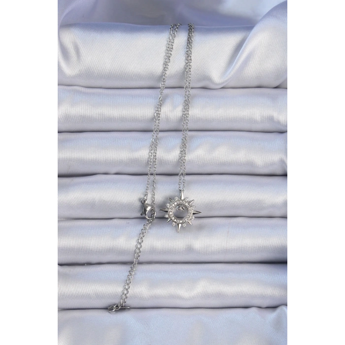 316L Çelik Zincir Gümüş Renk Zirkon Taşlı Parlayan Yıldız Kolye