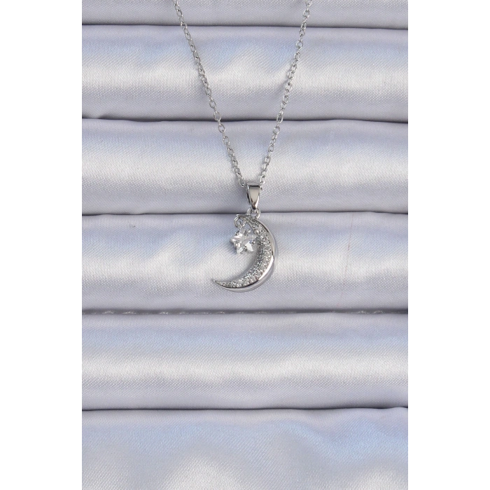 316L Çelik Zincir Gümüş Renk Zirkon Taşlı Sallantılı Ay Yıldız Kolye