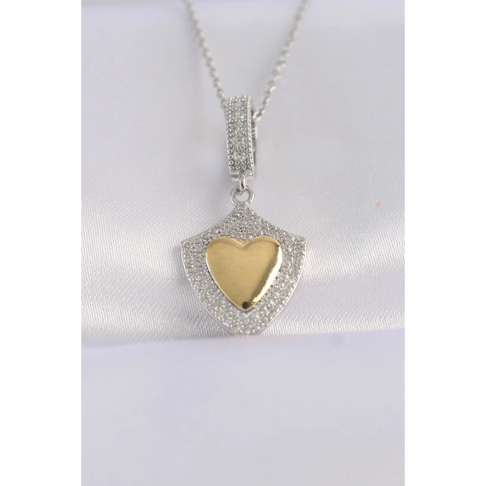 316L Çelik Zincir Gümüş Renk Zirkon Taşlı Tasarım Altın Renk Kalp Kolye