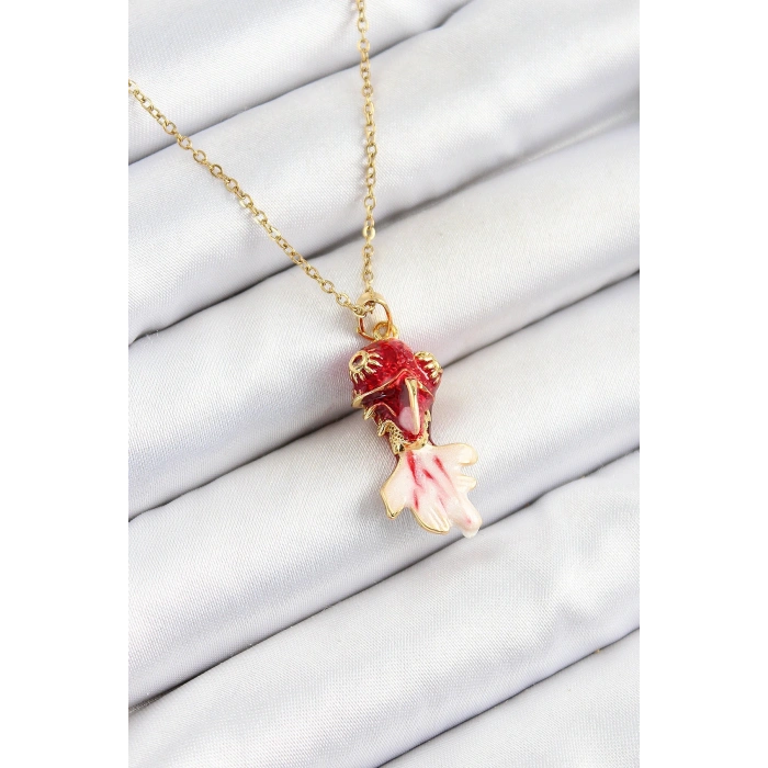 316L Çelik Zincir Kırmızı Balık Model Gold Renk Kadın Kolye