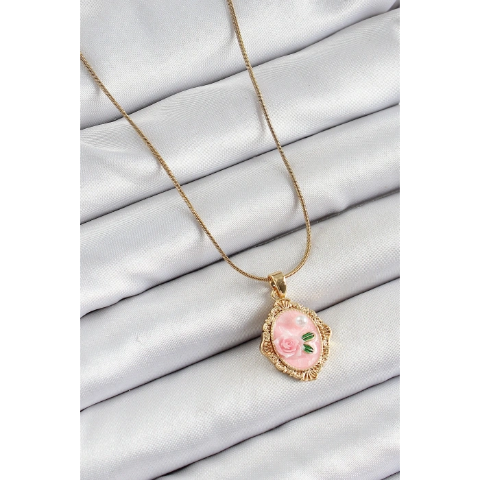 316L Çelik Zincir Pembe Sanatsal Portre İnci Detaylı Gül Figürlü Model Gold Renk Kadın Kolye
