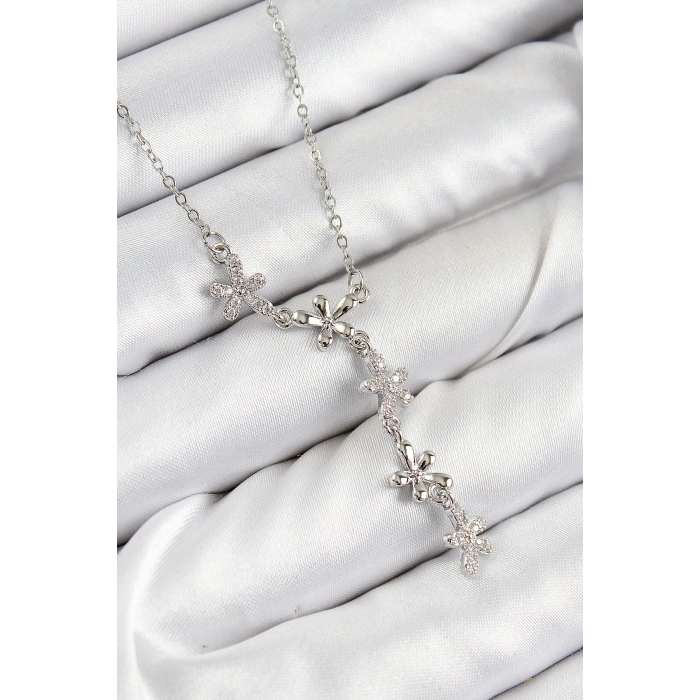 316L Çelik Zirkon Taşlı Çiçek Model Gümüş Renk Kadın Kolye