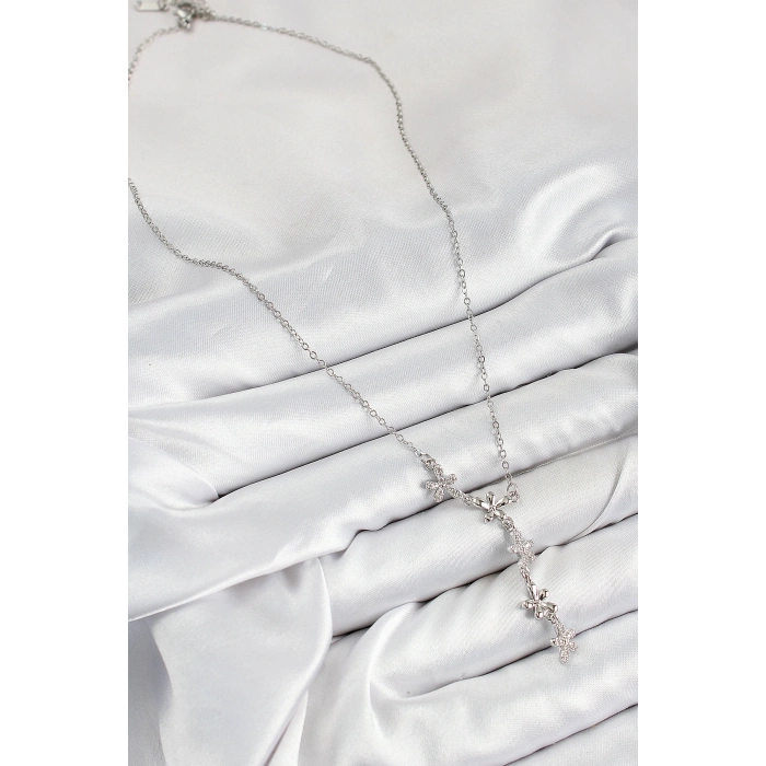 316L Çelik Zirkon Taşlı Çiçek Model Gümüş Renk Kadın Kolye