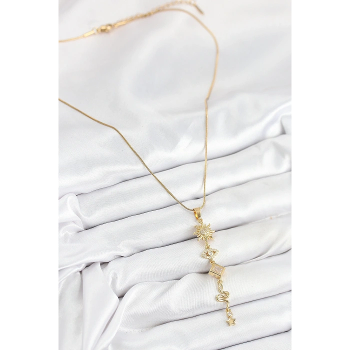 316L Çelik Zirkon Taşlı Güneş Ve Ay Enerji Model Gold Renk Kadın Kolye