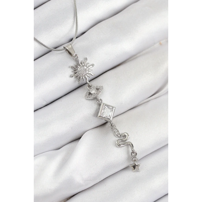 316L Çelik Zirkon Taşlı Güneş Ve Ay Enerji Model Gümüş Renk Kadın Kolye