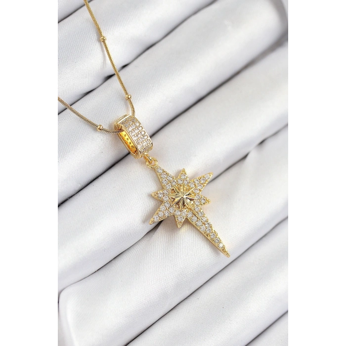 316L Çelik Zirkon Taşlı Kutup Yıldızı Model Gold Renk Kadın Kolye