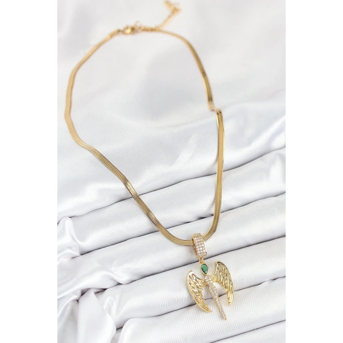 316L Çelik Zirkon Taşlı Melek Model Gold Renk Kadın Kolye