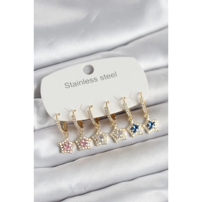316L Çelik Zirkon Taşlı Yıldız Form 6lı Set Kadın Küpe