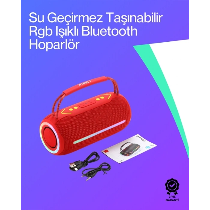 360 RGB LEDli Taşınabilir Bluetooth Hoparlör – Kırmızı, USB/TF Destekli