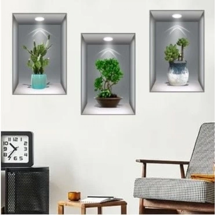 3D Çiçek Vazo Duvar Sticker 3 lü Set GRİ Fon